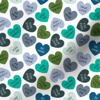 small candy hearts: emerald, pickle, sky, aqua, teal, gray blue