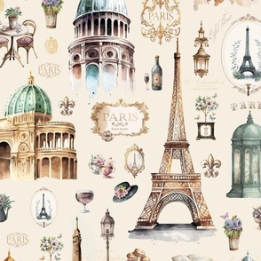 Nostalgic Trip To Paris Watercolor Travel Pattern