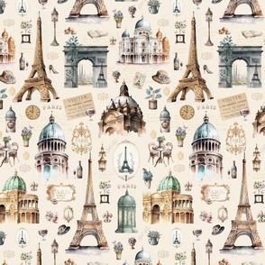 Nostalgic Trip To Paris Watercolor Travel Pattern Smaller Scale