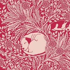 Small Print Magenta William Morris' Dogs Sleeping in a Field of Flowers 