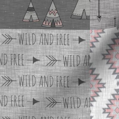 Boho Quilt - headdress and teepees - pink