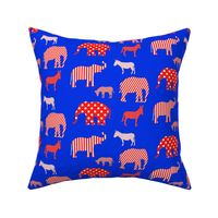 Donkeys and elephants red and white on blue.