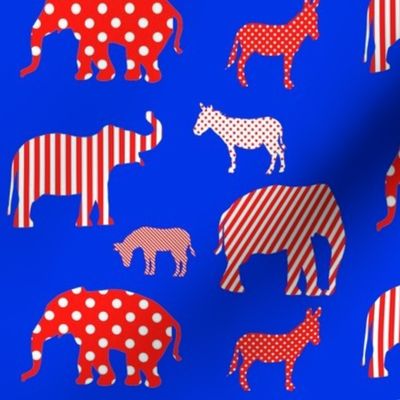 Donkeys and elephants red and white on blue.