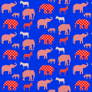 Donkeys and elephants red and white on blue.