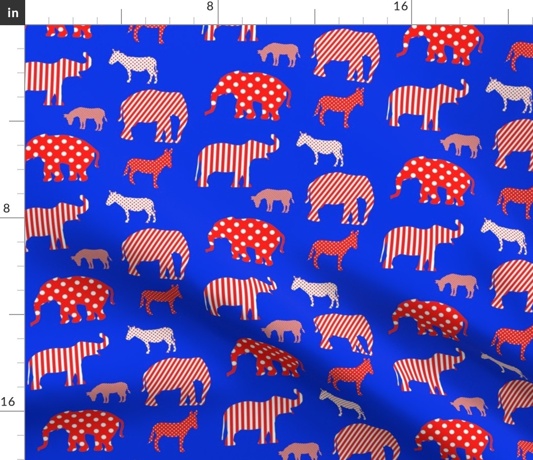 Donkeys and elephants red and white on blue.