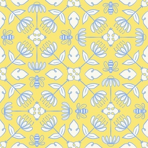 Large Meant to Bee | Blue and Yellow | Bees and Flowers | Folk | Cottage Core