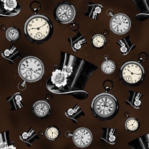 Pocket Watches and Top Hats Steampunk Fabric - Dark Brown