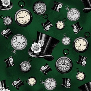 Pocket Watches and Top Hats Steampunk Fabric - Bottle Green