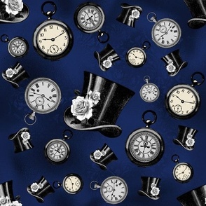 Pocket Watches and Top Hats Steampunk Fabric - Royal Blue