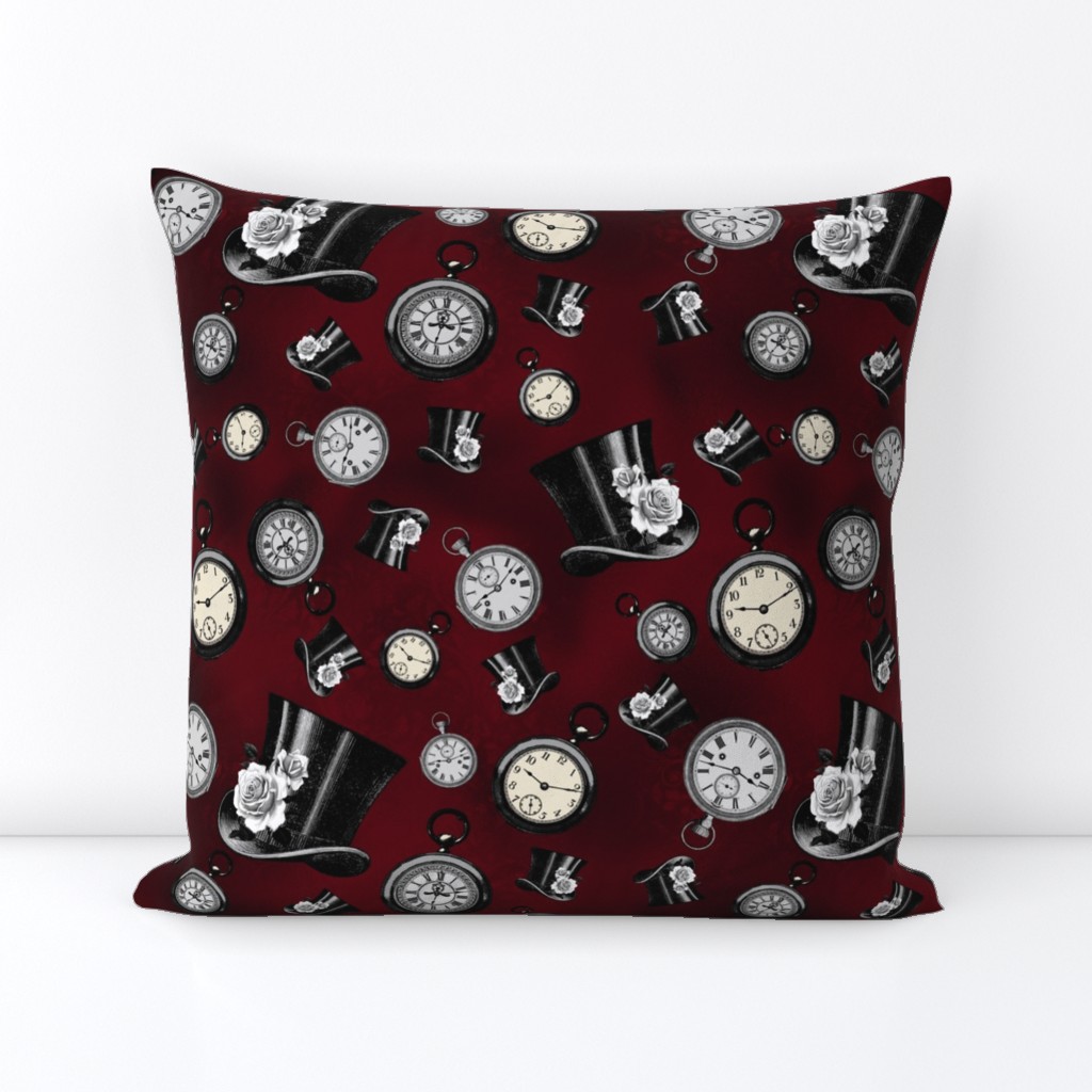 Pocket Watches and Top Hats Steampunk Fabric - Dark Red