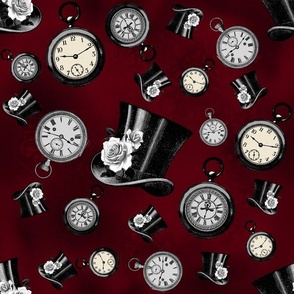 Pocket Watches and Top Hats Steampunk Fabric - Dark Red