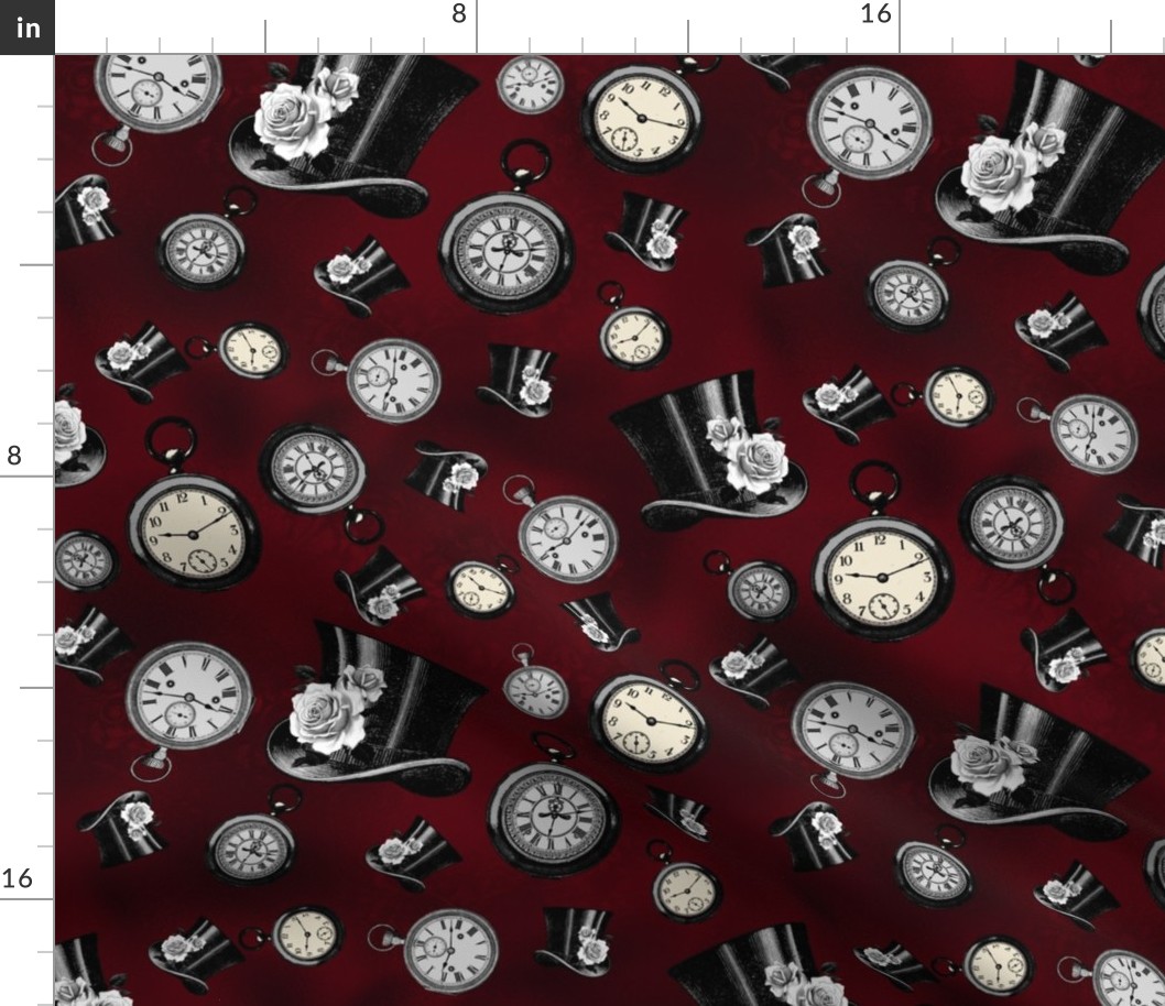 Pocket Watches and Top Hats Steampunk Fabric - Dark Red