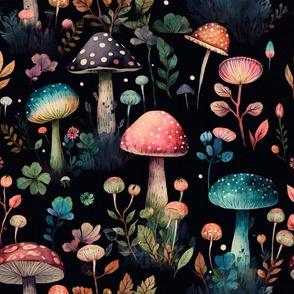 soft watercolor mushrooms on black