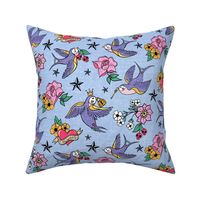 Large, Purple Rockabilly Birds on Blue