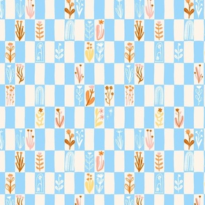 Boho Flowers Light Blue Check