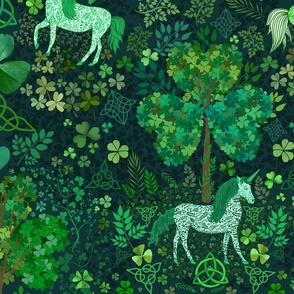 Irish Unicorns in the Celtic Woods (Dark Green large scale) 