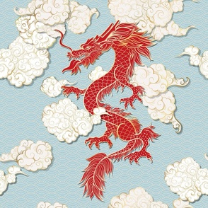 Red Chinese Dragon with Pale Blue Clouds, Large Scale Seamless Pattern