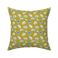 Blue poppies  on yellow chartreuse small scale