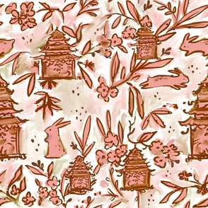 bunnies chinoiserie in natural pink brown hues