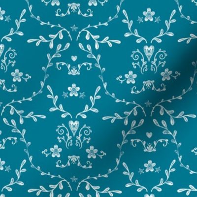 Soft Stamped Damask, White on Teal