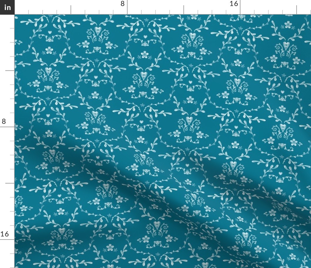 Soft Stamped Damask, White on Teal