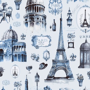 Nostalgic Trip To Paris Watercolor Travel Pattern Blue