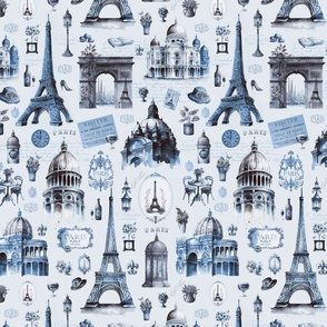 Nostalgic Trip To Paris Watercolor Travel Pattern Blue Smaller Scale