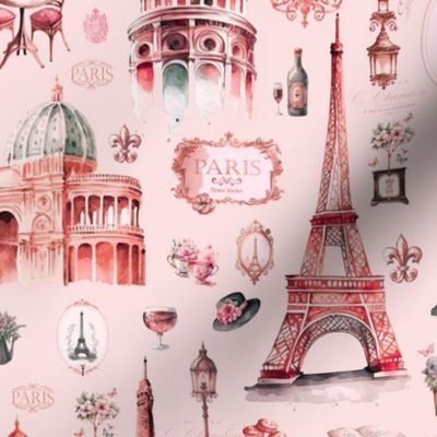 Nostalgic Trip To Paris Watercolor Travel Pattern Coral Pink Smaller Scale