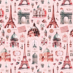 Nostalgic Trip To Paris Watercolor Travel Pattern Coral Pink Smaller Scale