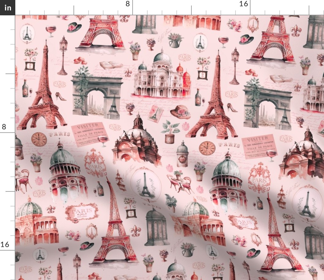 Nostalgic Trip To Paris Watercolor Travel Pattern Coral Pink Smaller Scale