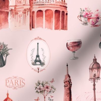 Nostalgic Trip To Paris Watercolor Travel Pattern Coral Pink