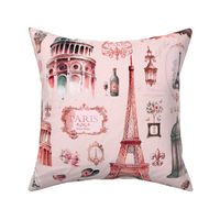 Nostalgic Trip To Paris Watercolor Travel Pattern Coral Pink