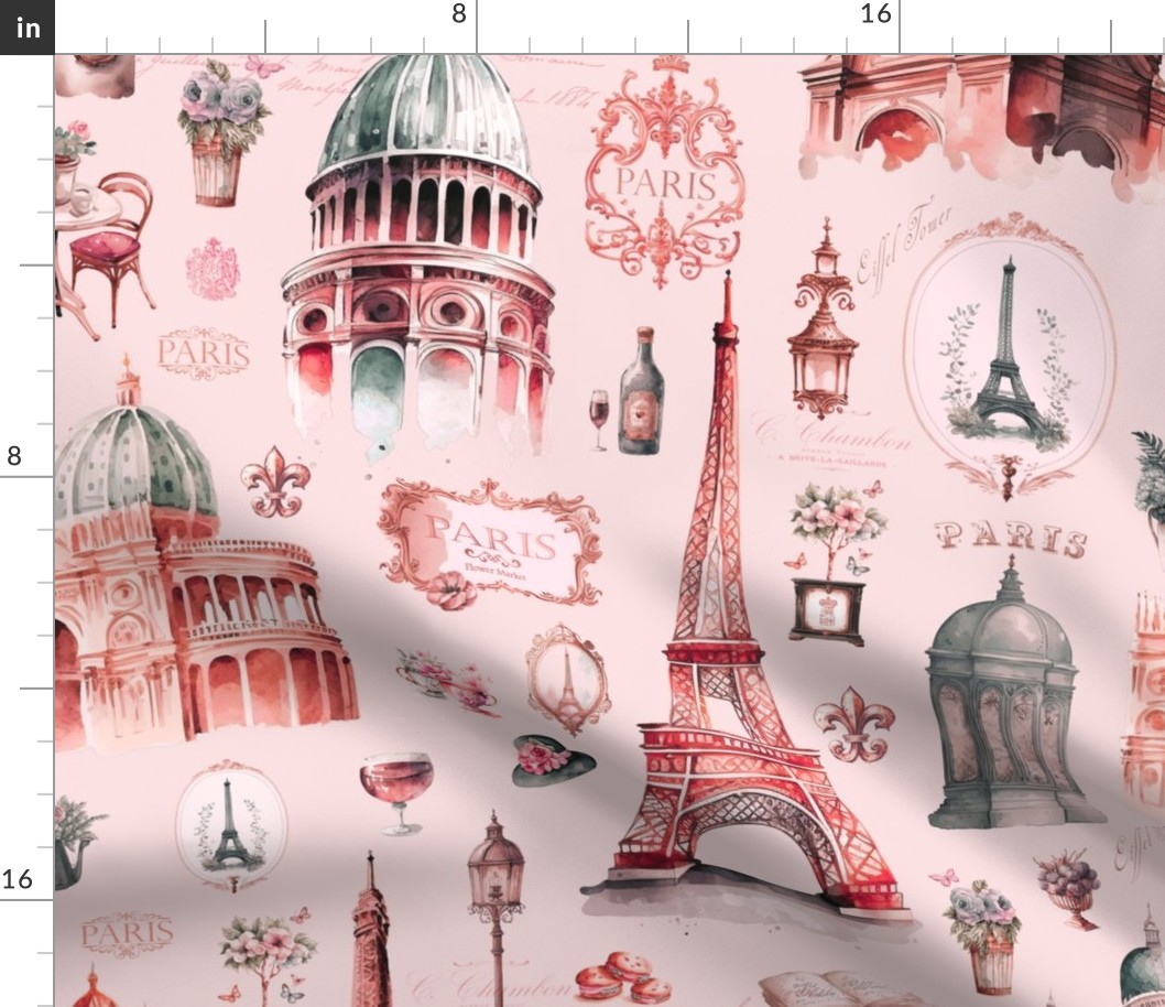Nostalgic Trip To Paris Watercolor Travel Pattern Coral Pink