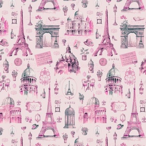 Nostalgic Trip To Paris Watercolor Travel Pattern Pastel Pink Smaller Scale