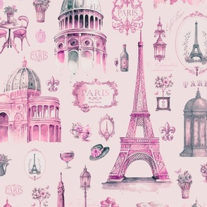 Nostalgic Trip To Paris Watercolor Travel Pattern Pastel Pink