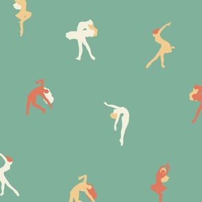 Women dancing poses silhouette fun  pattern - Green background - Small scale