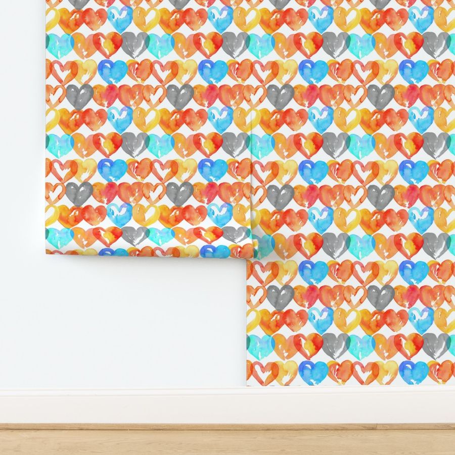 Watercolour Hearts- Red Blue Grey Colours 