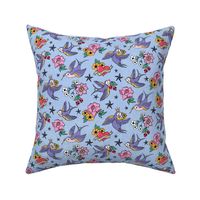 Small, Purple Rockabilly Birds on Blue