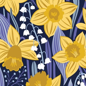 Large jumbo scale // Toxic beauty // oxford navy blue background yellow daffodils and white lily of the valley flowers very peri and pastel blue leaves