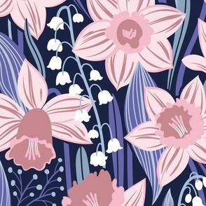 Large jumbo scale // Toxic beauty // oxford navy blue background cotton candy pink and dry rose daffodils and white lily of the valley flowers very peri and pastel blue leaves