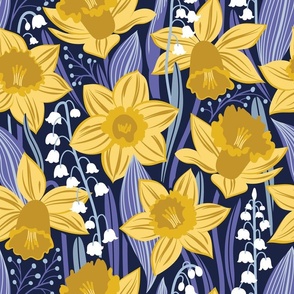 Normal scale // Toxic beauty // oxford navy blue background yellow daffodils and white lily of the valley flowers very peri and pastel blue leaves