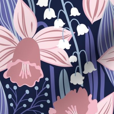 Normal scale // Toxic beauty // oxford navy blue background cotton candy pink and dry rose daffodils and white lily of the valley flowers very peri and pastel blue leaves