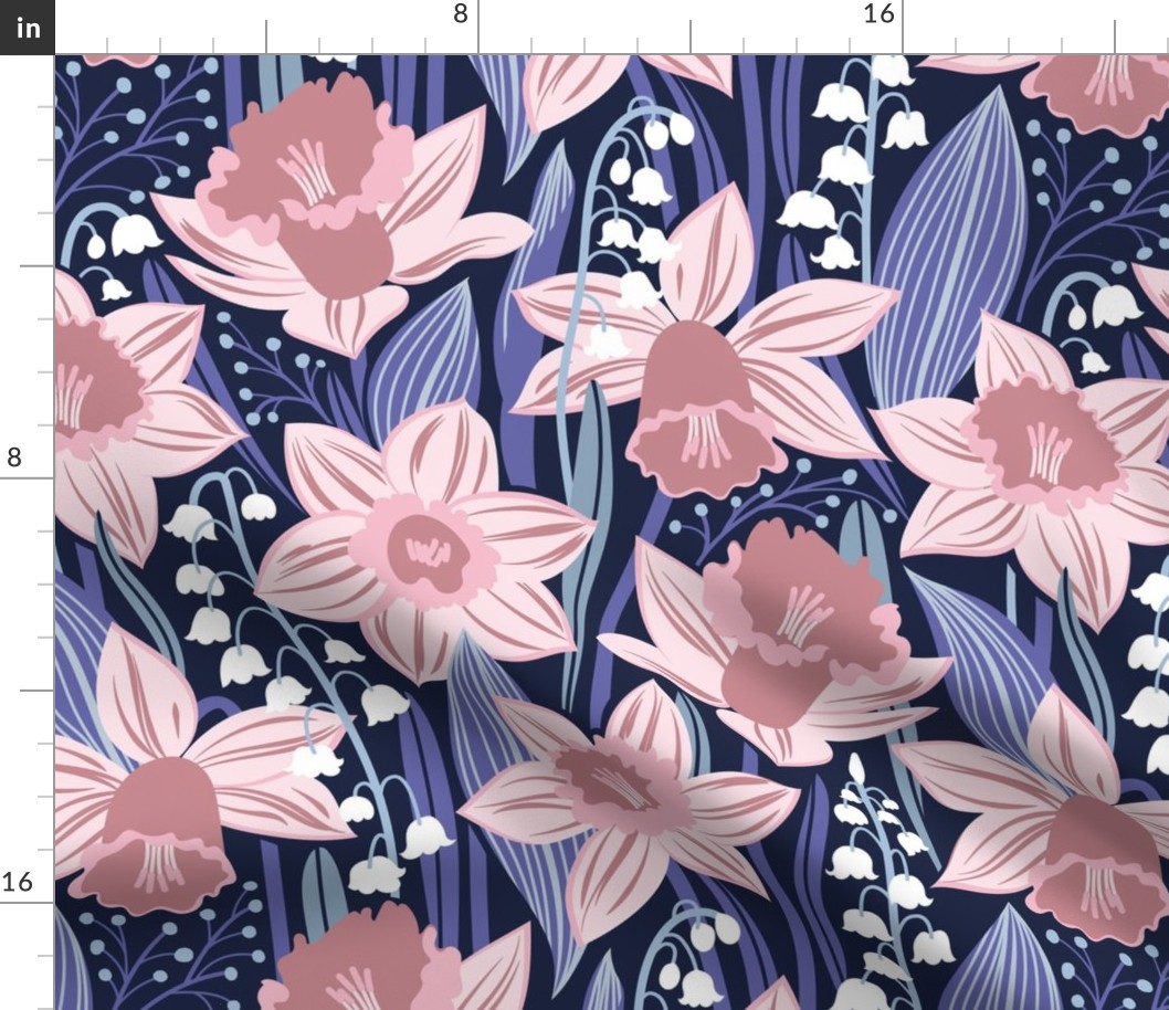 Normal scale // Toxic beauty // oxford navy blue background cotton candy pink and dry rose daffodils and white lily of the valley flowers very peri and pastel blue leaves