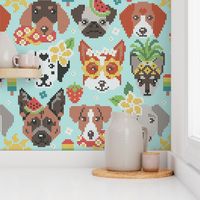 Large scale // Summer pawsing // aqua background cross stitch dog breeds dachshund pug beagle dalmatian welsh corgi chihuahua  
german shepherd jack russel terrier labrador with plumeria flowers strawberries pineapples watermelons  ice cream popsicles an