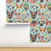 Large scale // Summer pawsing // aqua background cross stitch dog breeds dachshund pug beagle dalmatian welsh corgi chihuahua  
german shepherd jack russel terrier labrador with plumeria flowers strawberries pineapples watermelons  ice cream popsicles an