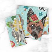 Large scale // Summer pawsing // aqua background cross stitch dog breeds dachshund pug beagle dalmatian welsh corgi chihuahua  
german shepherd jack russel terrier labrador with plumeria flowers strawberries pineapples watermelons  ice cream popsicles an