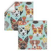 Large scale // Summer pawsing // aqua background cross stitch dog breeds dachshund pug beagle dalmatian welsh corgi chihuahua  
german shepherd jack russel terrier labrador with plumeria flowers strawberries pineapples watermelons  ice cream popsicles an