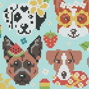 Large scale // Summer pawsing // aqua background cross stitch dog breeds dachshund pug beagle dalmatian welsh corgi chihuahua  
german shepherd jack russel terrier labrador with plumeria flowers strawberries pineapples watermelons  ice cream popsicles an