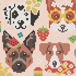 Large jumbo scale // Summer pawsing // blush coral background cross stitch dog breeds dachshund pug beagle dalmatian welsh corgi chihuahua  
german shepherd jack russel terrier labrador with plumeria flowers strawberries pineapples watermelons  ice cream