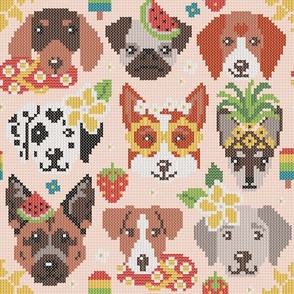 Normal scale // Summer pawsing // blush coral background cross stitch dog breeds dachshund pug beagle dalmatian welsh corgi chihuahua  
german shepherd jack russel terrier labrador with plumeria flowers strawberries pineapples watermelons ice cream popsi
